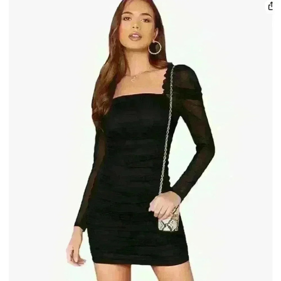 Wdirara Black Ruched Square Neck Long Sleeve Mini Dress NWT Size L - Picture 1 of 13